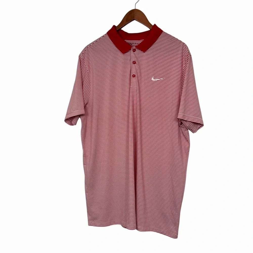 Nike Golf Dri-Fit Polo Shirt Mens XL Red White Striped Swoosh Athletic